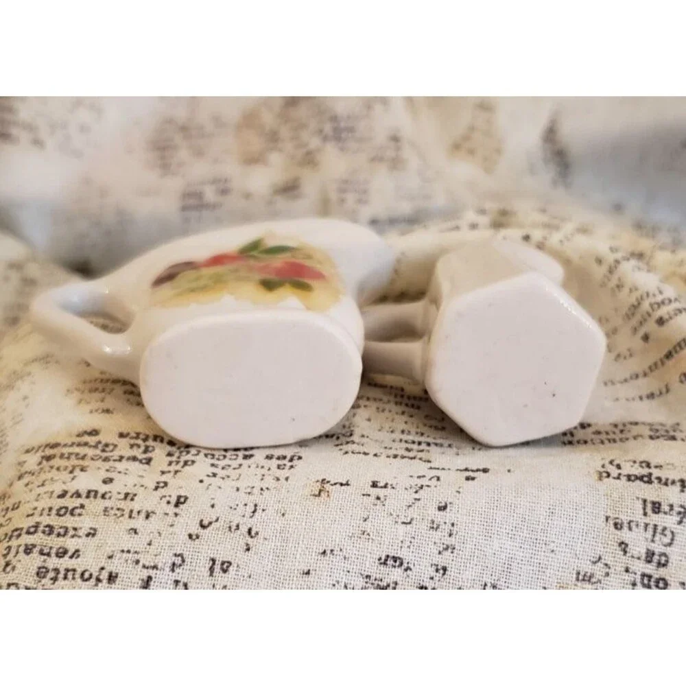 Artsy, Colorful - 2 White Vintage Miniature Pitchers w/ Fruit and Floral Details